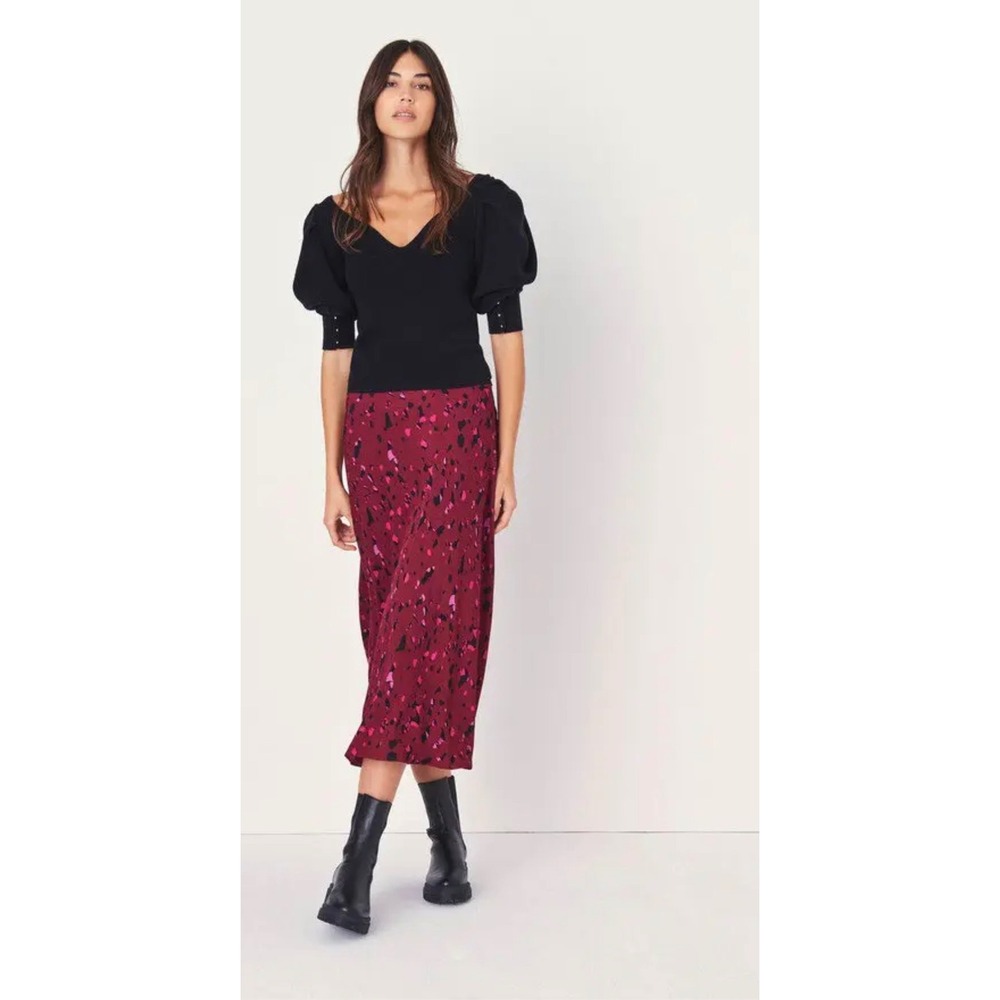 BA&SH Tomy Midi Skirt Red Pink Abstract Print Size XS XS/0/2 Flowy A-Line